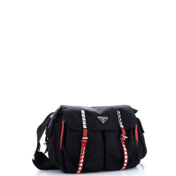 Prada Medium New Vela Flap Messenger Bag Tessuto with Studded Leather - Picture 2 of 5